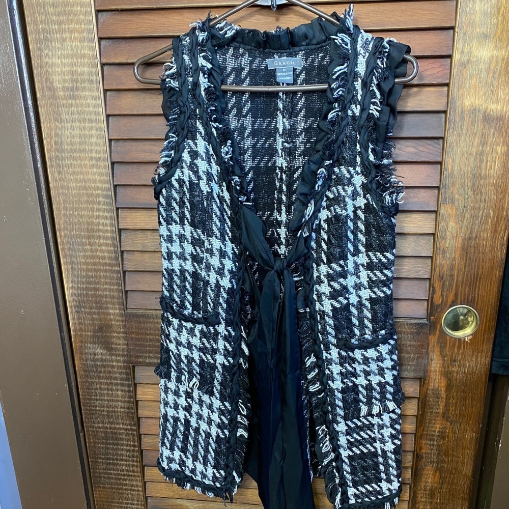 Gracia Black &White Vest Womens M Houndstooth Tweed Ribbon Tie Frayed Y2k Preppy
